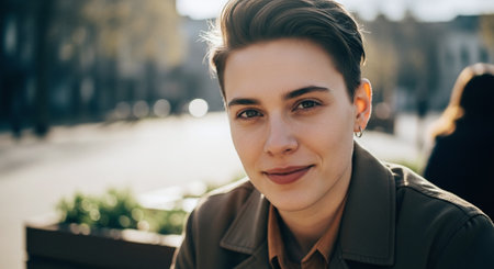 Portrait of a beautiful young woman with short hair in a brown coat.の素材