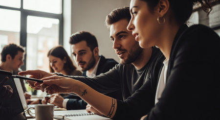 selective focus of multicultural businesspeople using smartphone during meeting in officeの素材