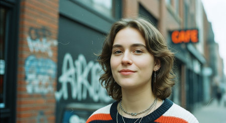 Portrait of a beautiful young woman with curly hair in the cityの素材