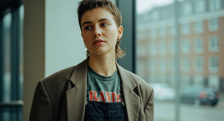 portrait of young beautiful woman in beige coat looking at cameraの素材
