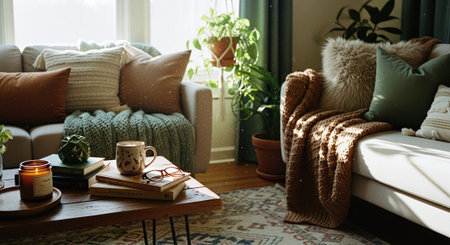 Cozy living room interior with coffee cup, books, coffee table, plaid and plantsの素材