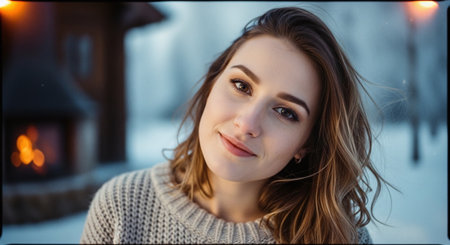 Portrait of a beautiful young woman in a warm knitted sweater.の素材