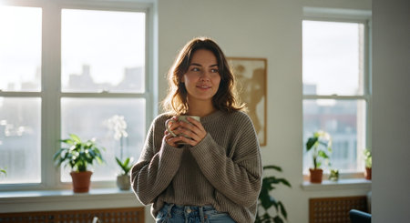 Portrait of a young woman holding cup of coffee at home.の素材