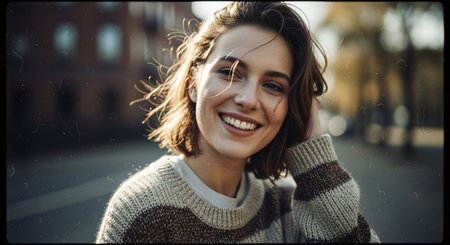 Portrait of a beautiful smiling young woman in a sweater on the streetの素材