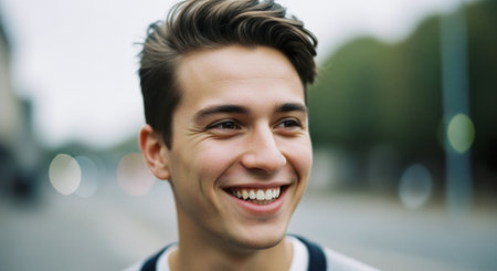 Close up portrait of a handsome young man smiling and looking at cameraの素材