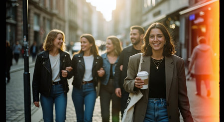 Group of happy young people walking in the city with coffee to goの素材