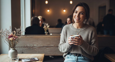 Beautiful young woman drinking coffee in cafe. Smiling girl holding cup of coffee.の素材