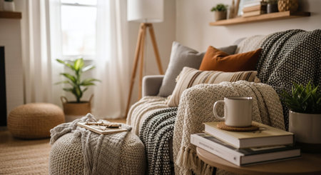 Cozy home interior with coffee cup, books and plaidsの素材