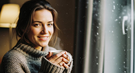 smiling young woman in warm sweater holding cup of coffee near window at homeの素材
