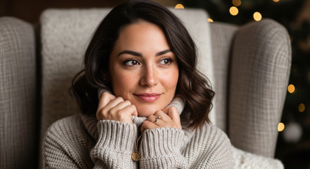 Portrait of a beautiful young woman in a knitted sweater on the background of the Christmas tree.の素材