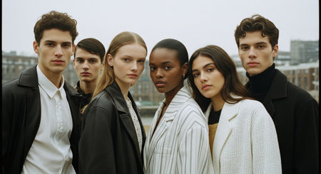 Group of young people standing in a row and looking at the cameraの素材