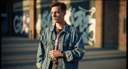 Handsome young man in a denim jacket with a cigarette in his handの素材