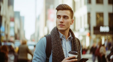 young handsome hipster man using mobile phone and drinking coffee in the cityの素材