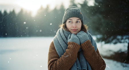 Portrait of a beautiful young woman in a hat and scarf on a background of winter forestの素材