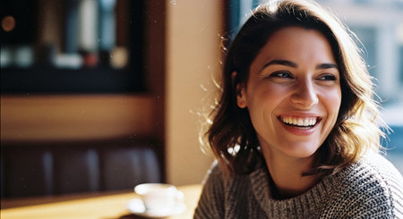 Portrait of a smiling woman sitting in a cafe with a cup of coffeeの素材