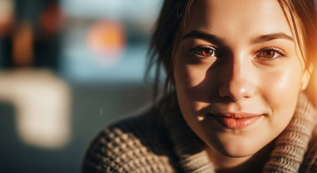 Close up portrait of a beautiful young woman in a cafe at sunsetの素材