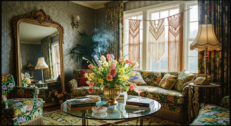 Luxury interior of living room with vintage furniture and flowers in vaseの素材