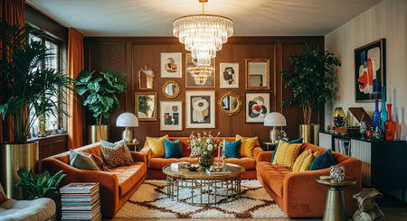 Interior of living room with orange sofa, orange armchairs and coffee tableの素材