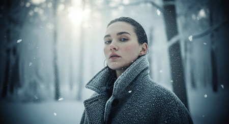 Portrait of a young woman in the winter park. Snowfall.の素材