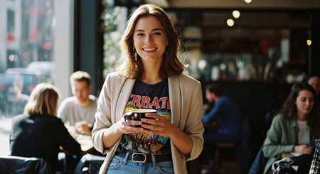 Portrait of a smiling young woman holding a cup of coffee in a cafeの素材