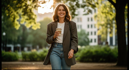 Beautiful young woman with cup of coffee walking in the park.の素材