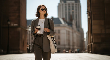 Beautiful businesswoman with coffee cup walking in the city at daytimeの素材