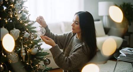 Happy young woman decorating christmas tree in living room at homeの素材