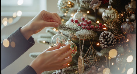 Cropped image of woman decorating christmas tree with baublesの素材