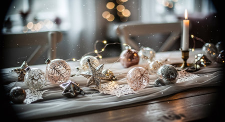 Christmas decoration with candles and christmas balls on a rustic wooden tableの素材