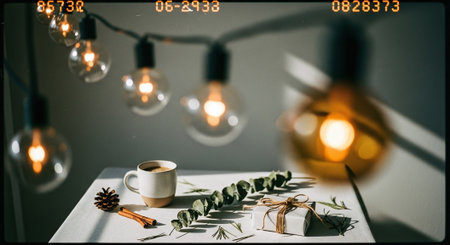 Cup of coffee, gift box and christmas lights on backgroundの素材