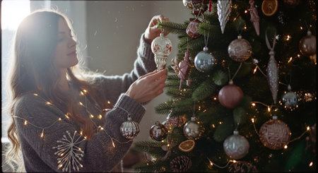 Woman decorating christmas tree at home. Winter holidays concept.の素材