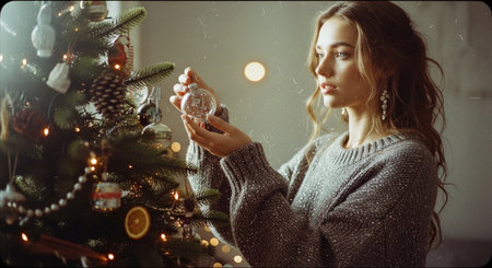 Beautiful girl in a gray sweater decorates the Christmas tree.の素材