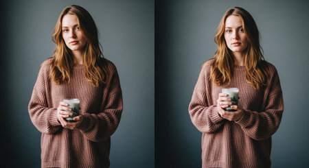 collage of young woman in sweater holding cup of coffee isolated on greyの素材