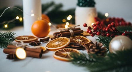Christmas decoration with fir branches, orange and cinnamon on a light backgroundの素材