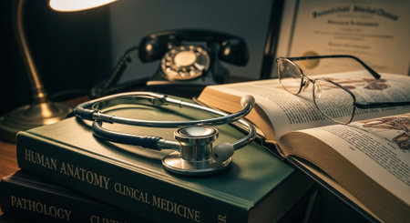 Stethoscope, glasses and book on wooden table in dark roomの素材
