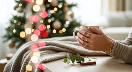 woman with cup of tea or coffee at home near christmas treeの素材