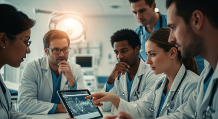 Multiethnic group of doctors using tablet computer while sitting at table in modern hospitalの素材