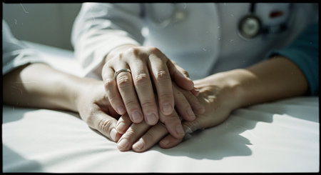 Hands of doctor and patient on the bed in the hospital.の素材