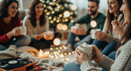 Group of friends sitting on the floor near the Christmas tree, drinking hot chocolate and eating marshmallowsの素材