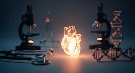 Human heart with stethoscope and microscope background. 3d renderingの素材