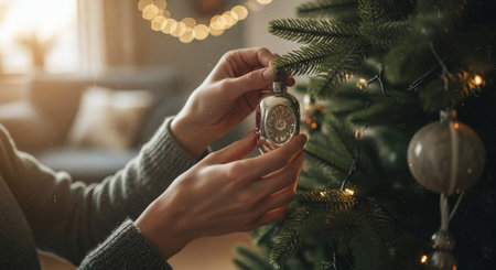 Cropped image of woman decorating christmas tree with vintage clockの素材