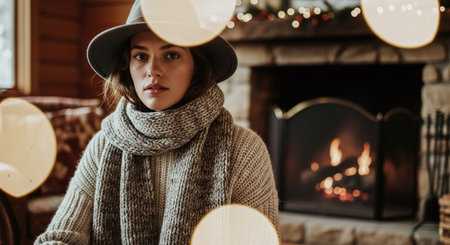 Beautiful young woman in hat and scarf at home near fireplace.の素材