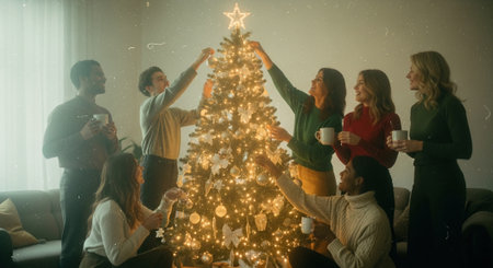 Group of friends celebrating Christmas at home, drinking coffee and having funの素材