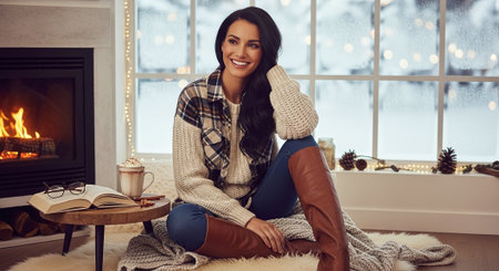 Beautiful young woman in warm sweater and jeans sitting by fireplace at homeの素材