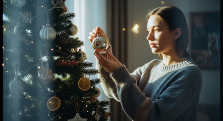 A young woman is decorating a Christmas tree at home. The concept of Christmas and New Yearの素材
