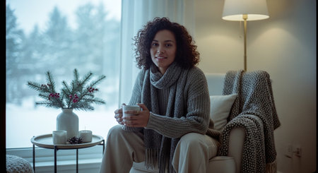 Smiling woman with cup of hot drink sitting on sofa at homeの素材