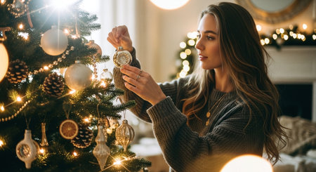 Beautiful young woman is decorating the Christmas tree at home.の素材