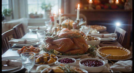 Thanksgiving dinner table with turkey and other traditional dishes, selective focusの素材