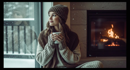 Beautiful young woman in warm clothes sitting on the windowsill near the fireplace and drinking coffee.の素材