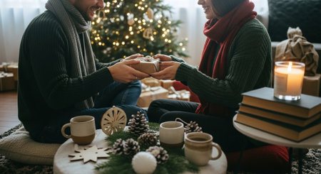 Couple in warm sweaters sitting on floor and holding gift box at homeの素材